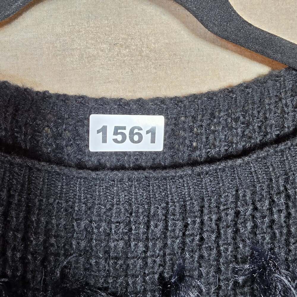 color block black and white Frilly boat neck long fringe Sweater Size Large soft - Picture 3 of 11